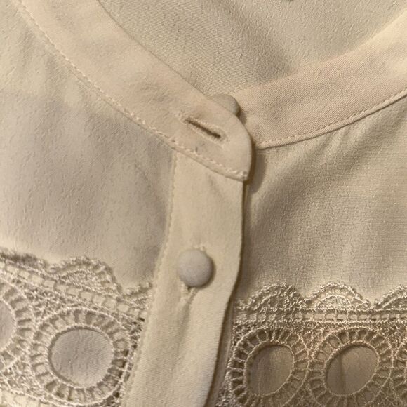 Boden 4P Ivory Yoke Collar Button Front Lace Eyelet Inset Long Sleeve Blouse